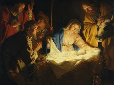 Manger Painting, Classic nativity scene painting depicting the birth of Jesus surrounded by figures in soft golden light, illustrating the hope and wonder of Christmas celebrated by SCCFF