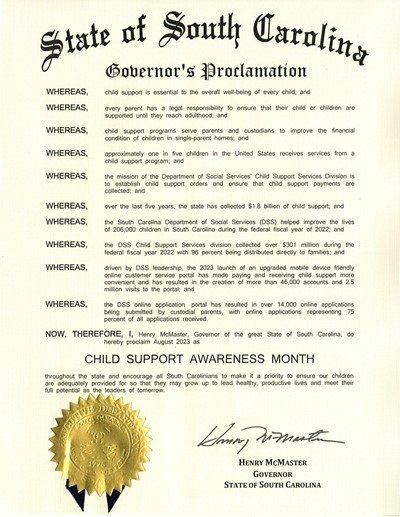Governor Henry McMaster Issues Proclamation on Child Support 