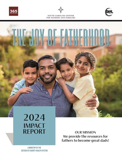 2024 Impact Report Cover, Cover of the SCCFF 2024 Impact Report titled "The Joy of Fatherhood" featuring a smiling father with his three children, published by the South Carolina Center for Fathers and Families